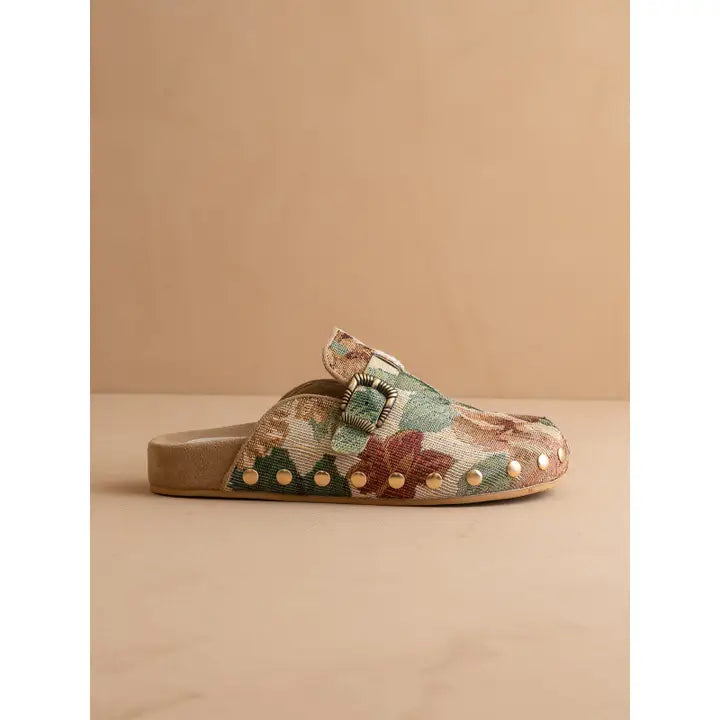 Floral Tapestry Studded Buckle Clog